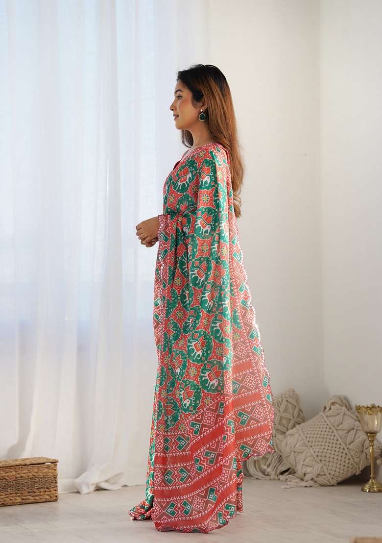 Green Chiffon Saree Set with Embroidered for Diwali | Wedding & Festive Wear - Indya