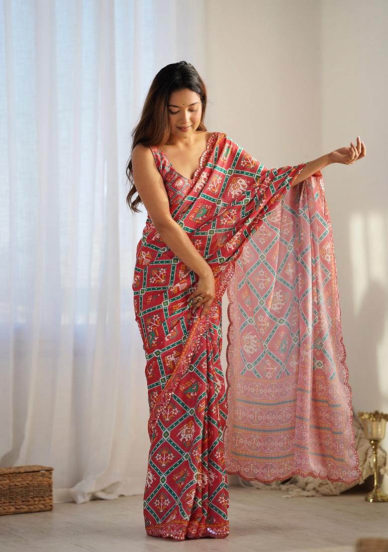 Red Embroidered Chiffon Saree Set