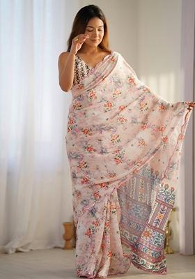 Cream Embroidered Chiffon Saree Set