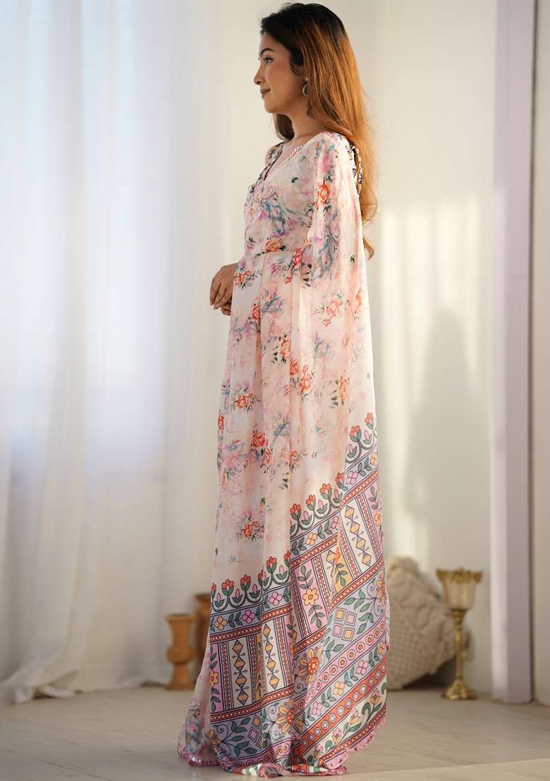 Cream Embroidered Chiffon Saree Set for Diwali and Festive Wear - Indya