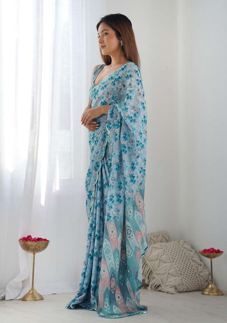 Blue Embroidered Chiffon Saree Set for Diwali and Festive Wear - Indya
