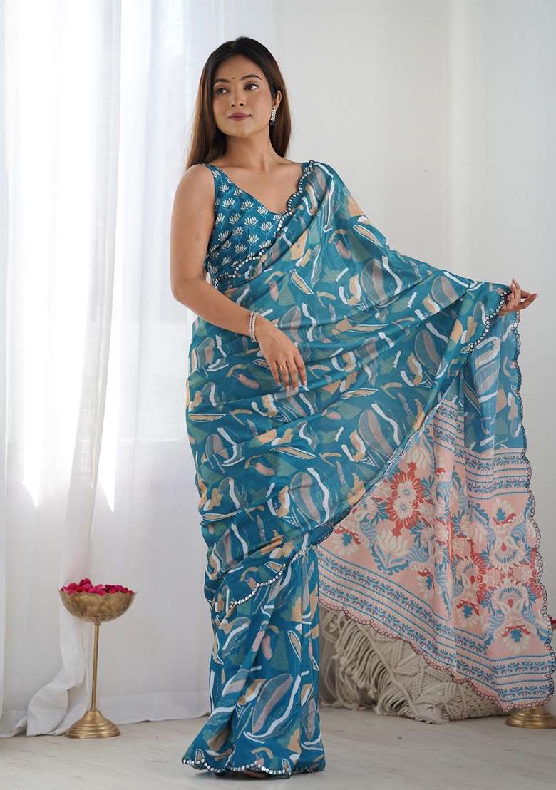 Teal Embroidered Chiffon Saree Set for Diwali and Festive Wear - Indya