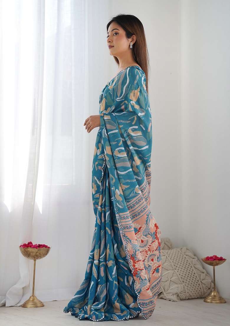 Teal Embroidered Chiffon Saree Set for Diwali and Festive Wear - Indya