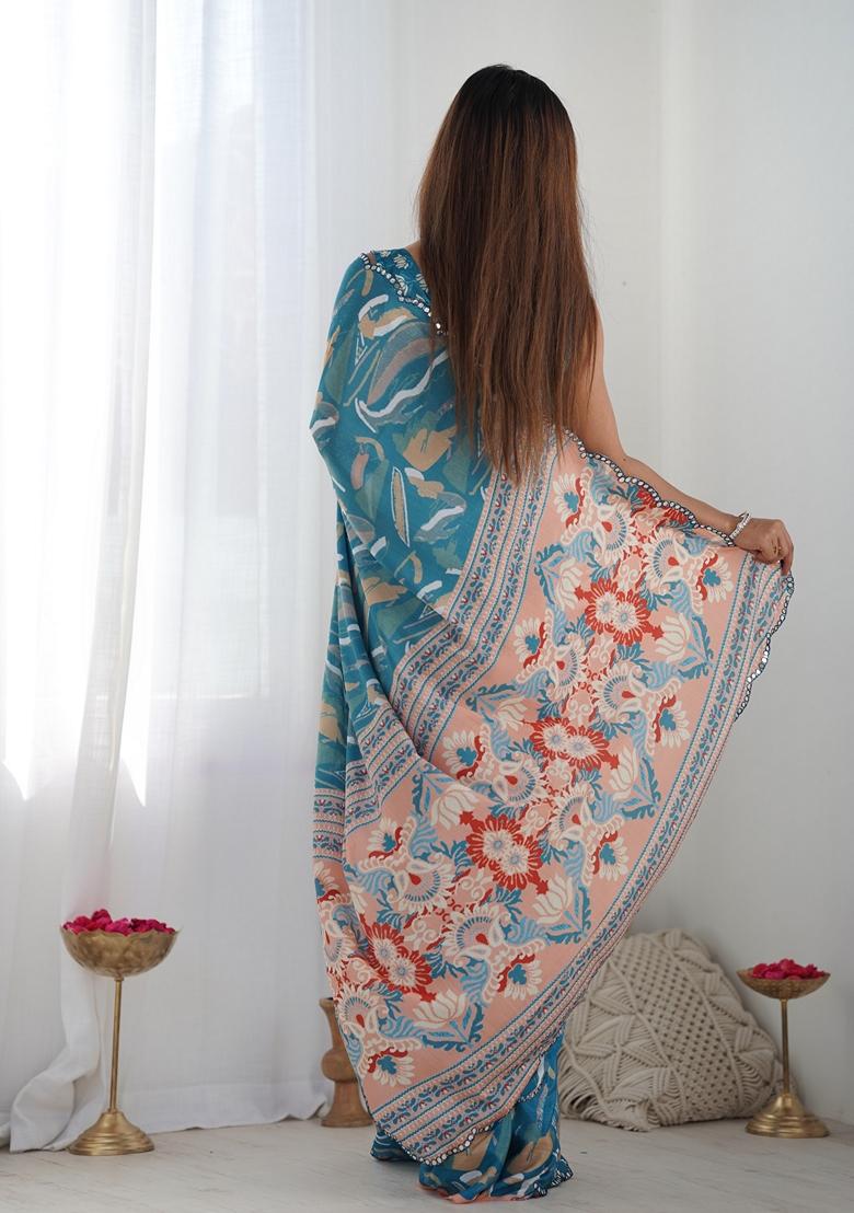 Teal Embroidered Chiffon Saree Set