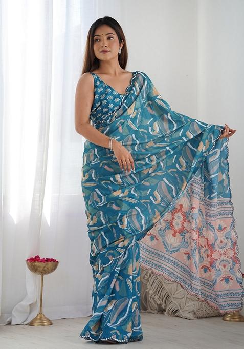 Teal Embroidered Chiffon Saree Set