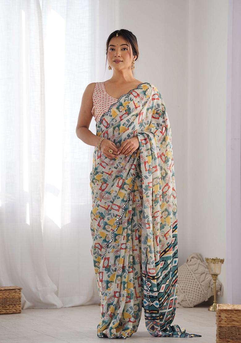 Off White Embroidered Chiffon Saree Set