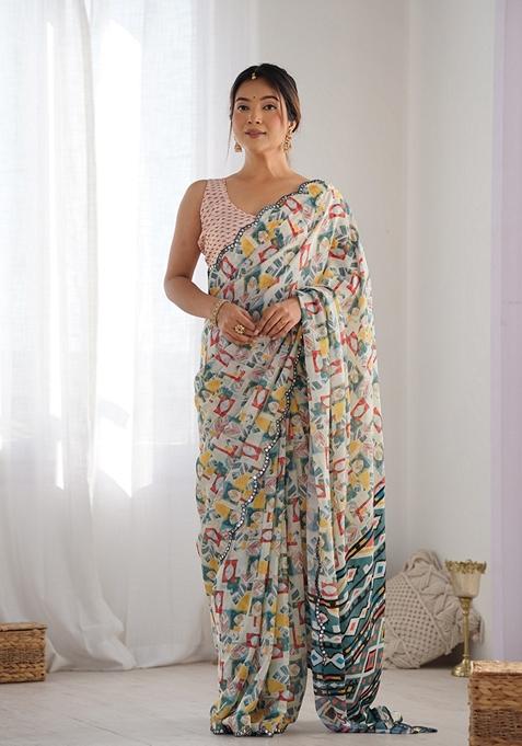 Off White Embroidered Chiffon Saree Set