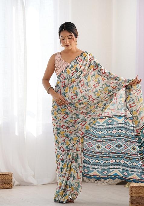 Off White Embroidered Chiffon Saree Set