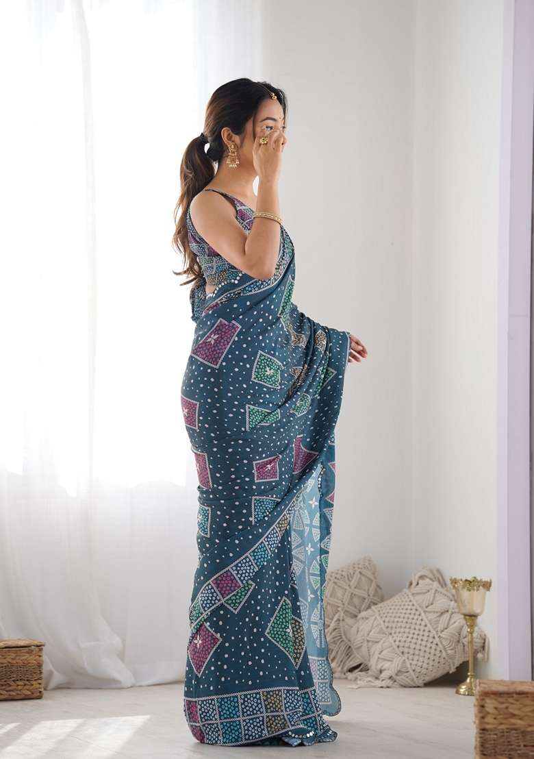 Green Chiffon Saree Set with Embroidered for Diwali | Wedding & Festive Wear - Indya