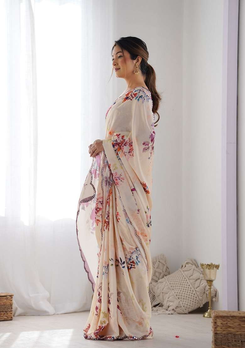 Peach Embroidered Chiffon Saree Set for Diwali and Festive Wear - Indya