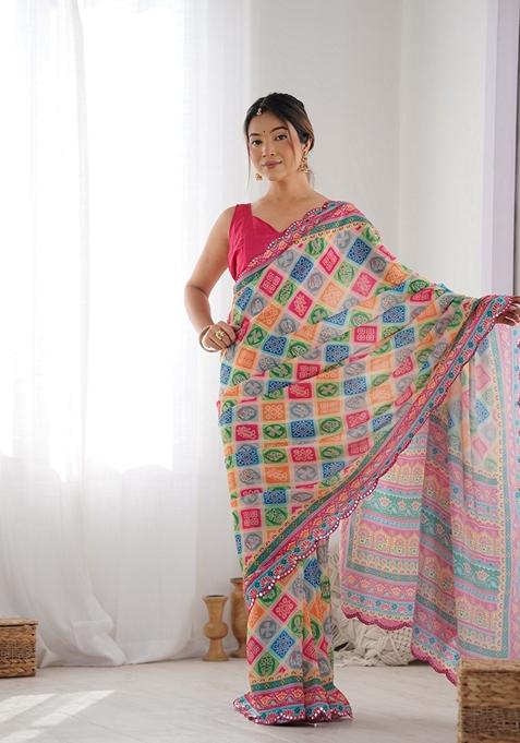 Multicolor Embroidered Chiffon Saree Set