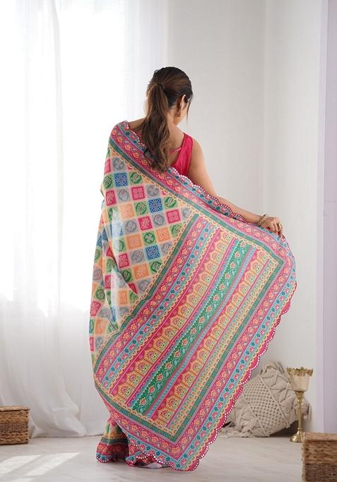 Multicolor Embroidered Chiffon Saree Set