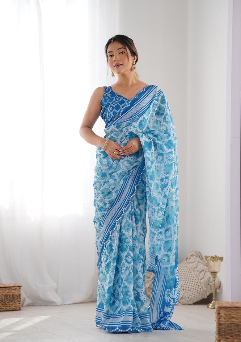 Blue Embroidered Chiffon Saree Set