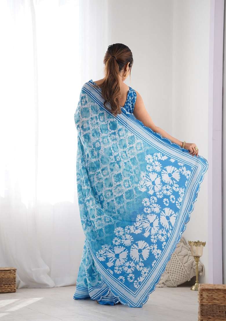 Blue Embroidered Chiffon Saree Set for Diwali and Festive Wear - Indya