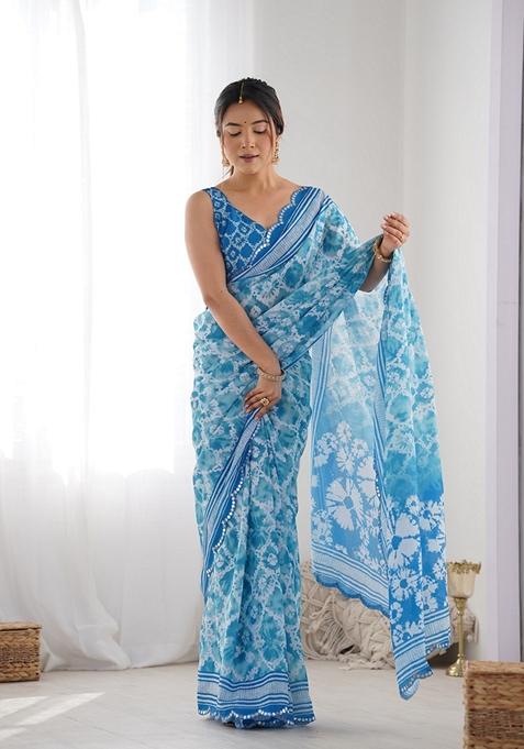 Blue Embroidered Chiffon Saree Set