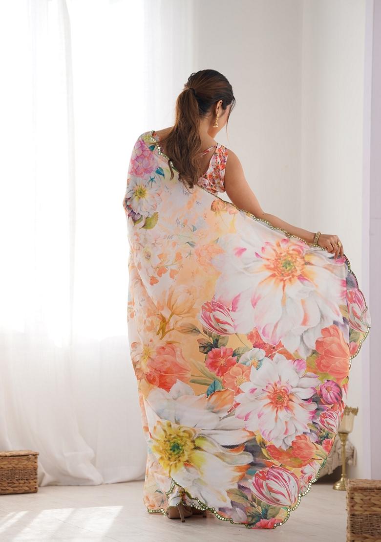 Multicolor Embroidered Chiffon Saree Set