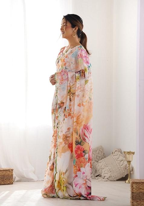 Multicolor Embroidered Chiffon Saree Set