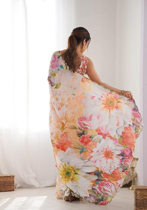 Multicolor Embroidered Chiffon Saree Set