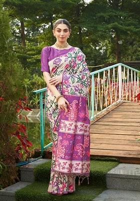 Violet Printed Silk Saree Set