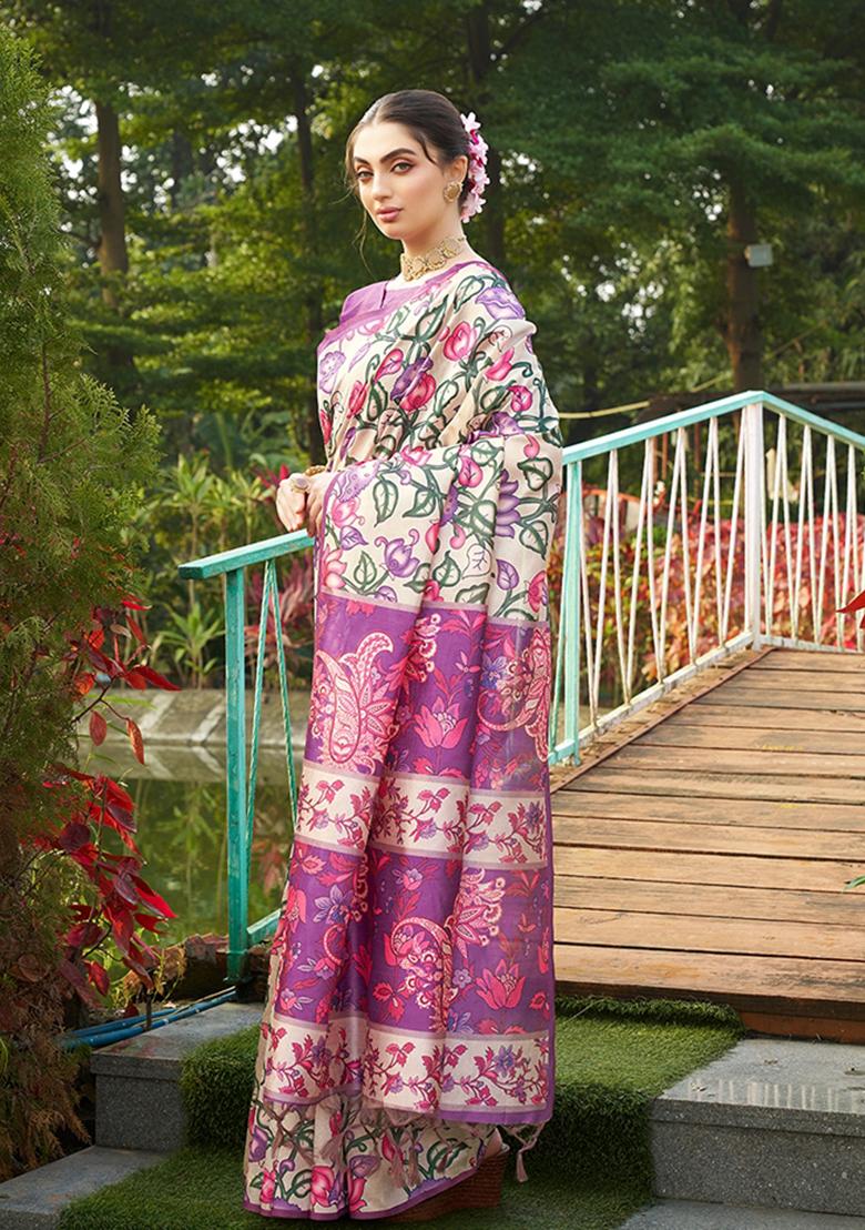 Violet Printed Silk Saree Set