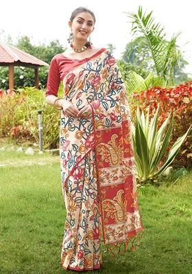 Red Printed Silk Saree Set