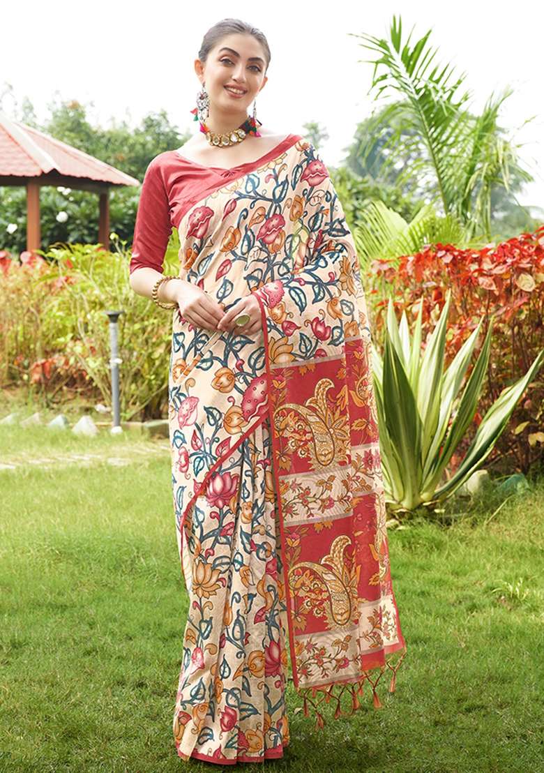 Red Printed Silk Saree Set for Diwali and Festive Wear - Indya