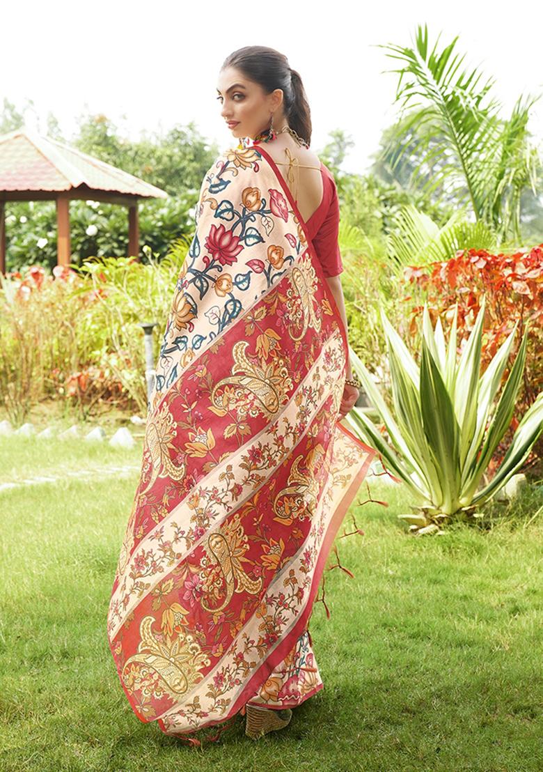 Red Printed Silk Saree Set