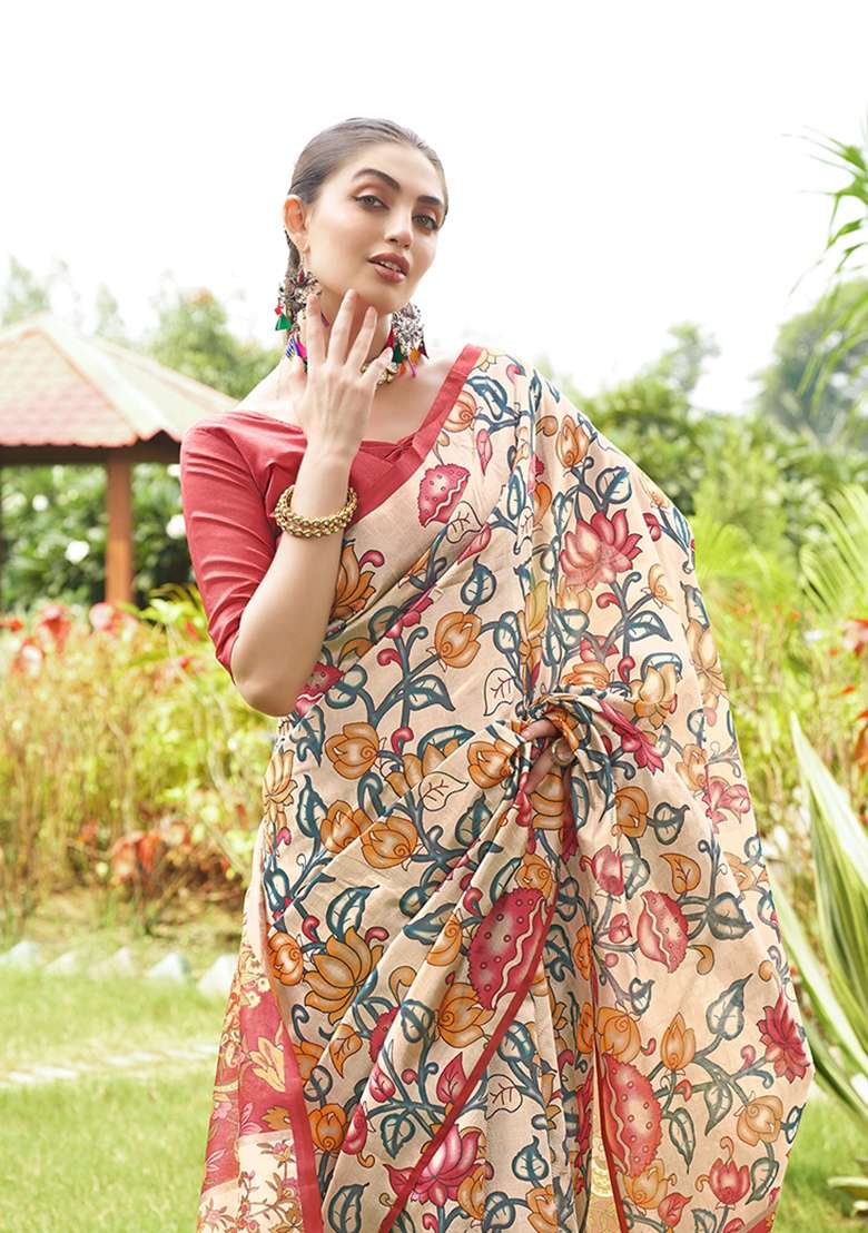 Red Printed Silk Saree Set for Diwali and Festive Wear - Indya
