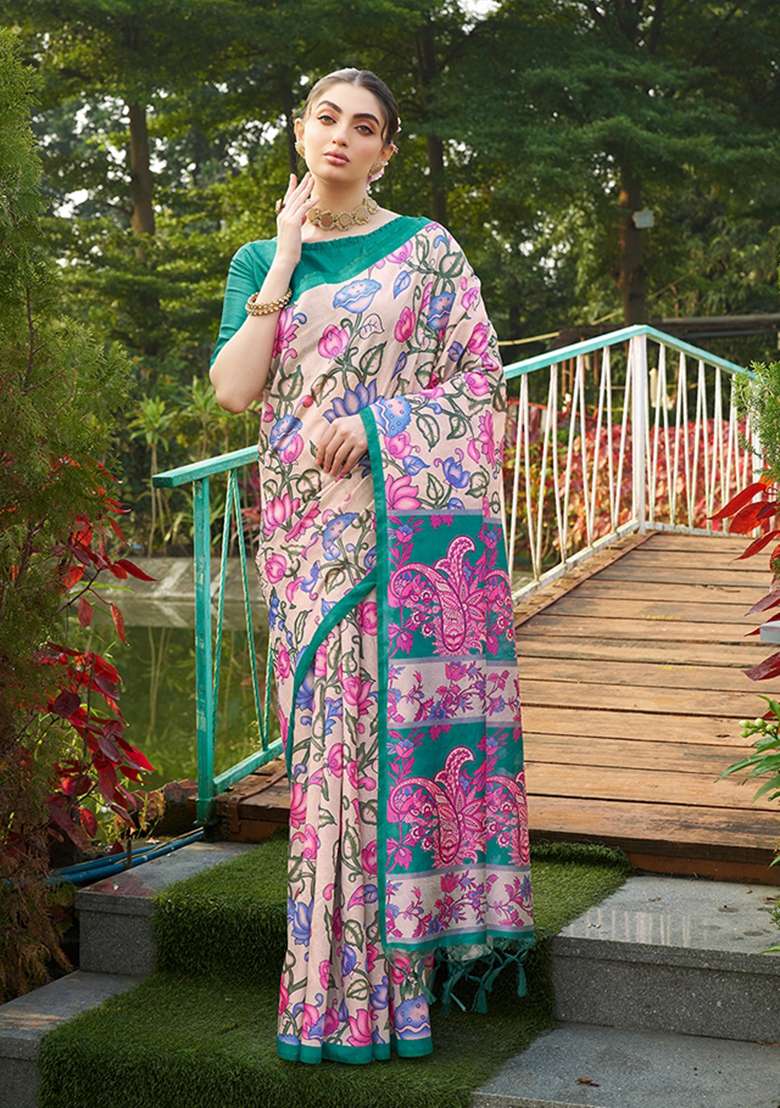 Green Printed Silk Saree Set for Diwali and Festive Wear - Indya