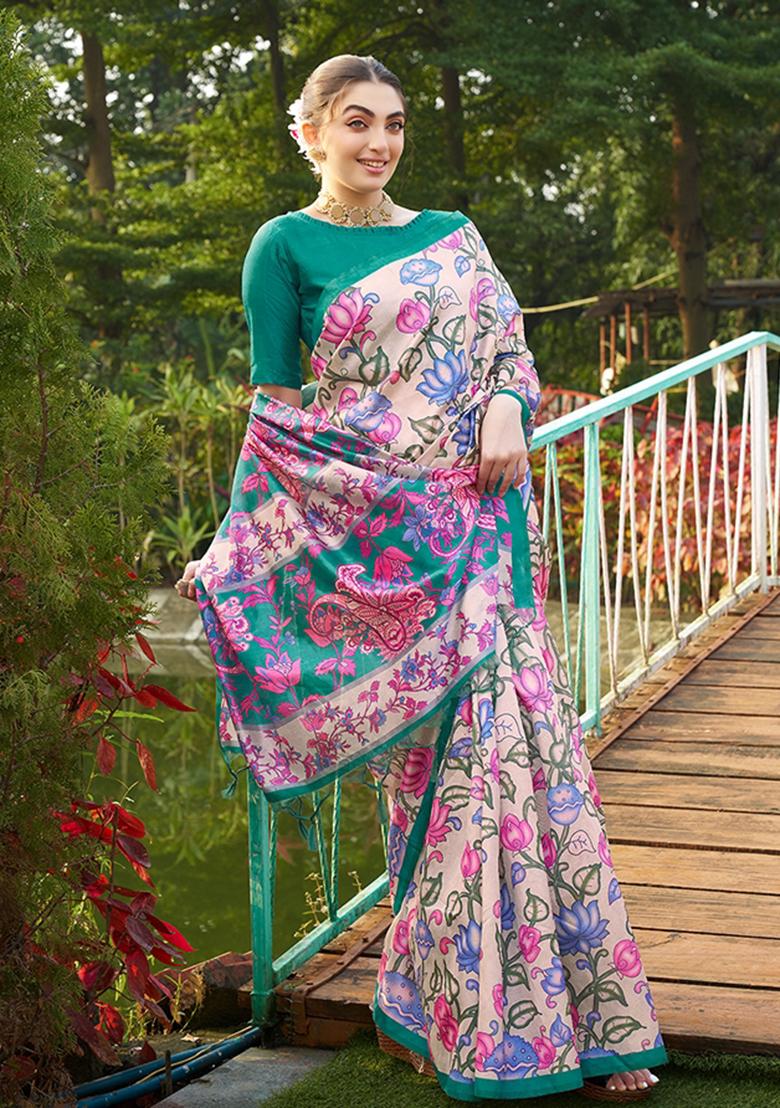 Green Printed Silk Saree Set