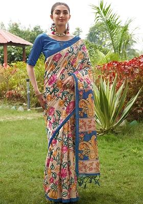 Blue Printed Silk Saree Set