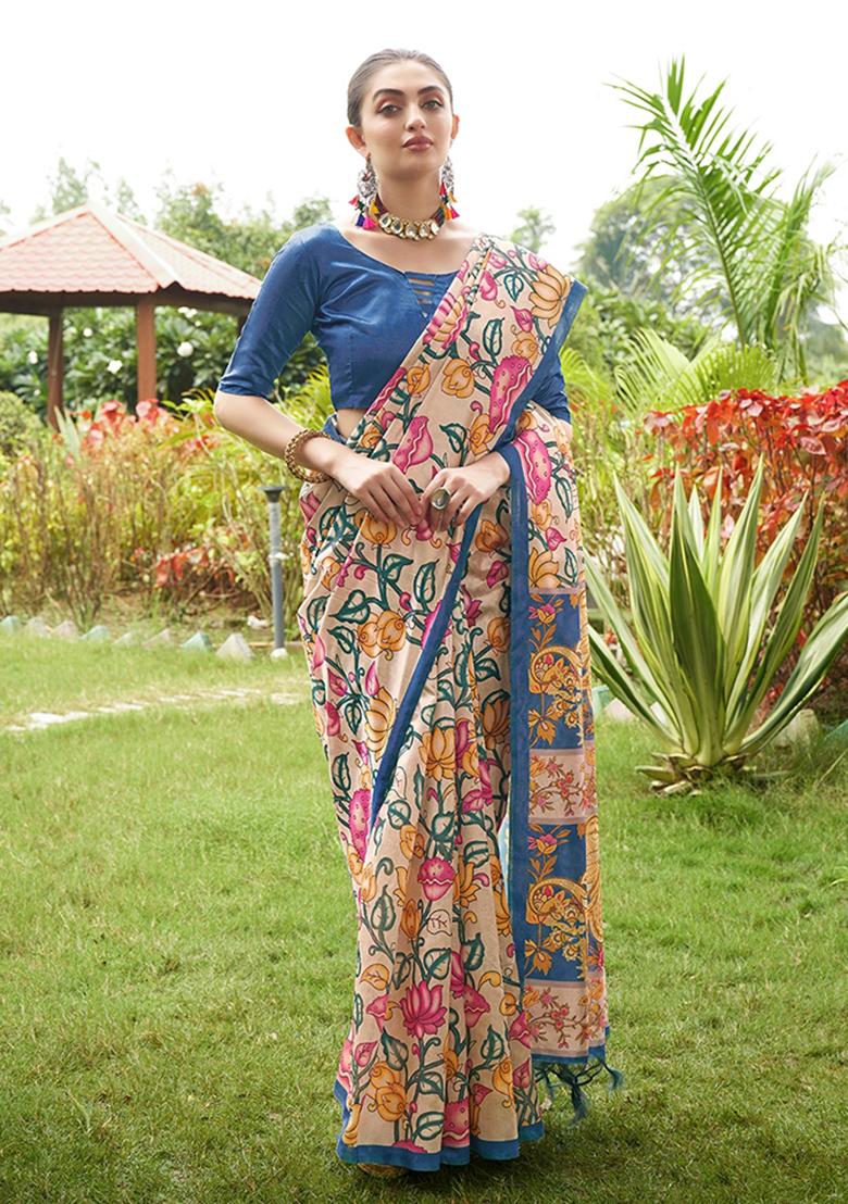 Blue Printed Silk Saree Set