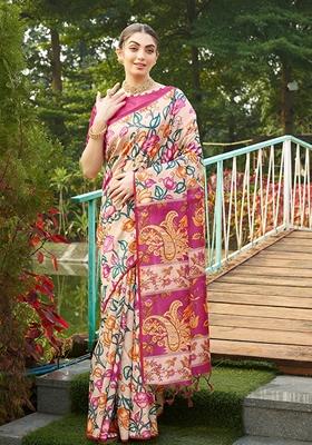 Pink Printed Silk Saree Set