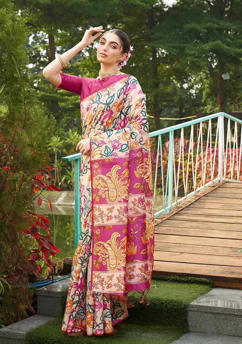 Pink Printed Silk Saree Set