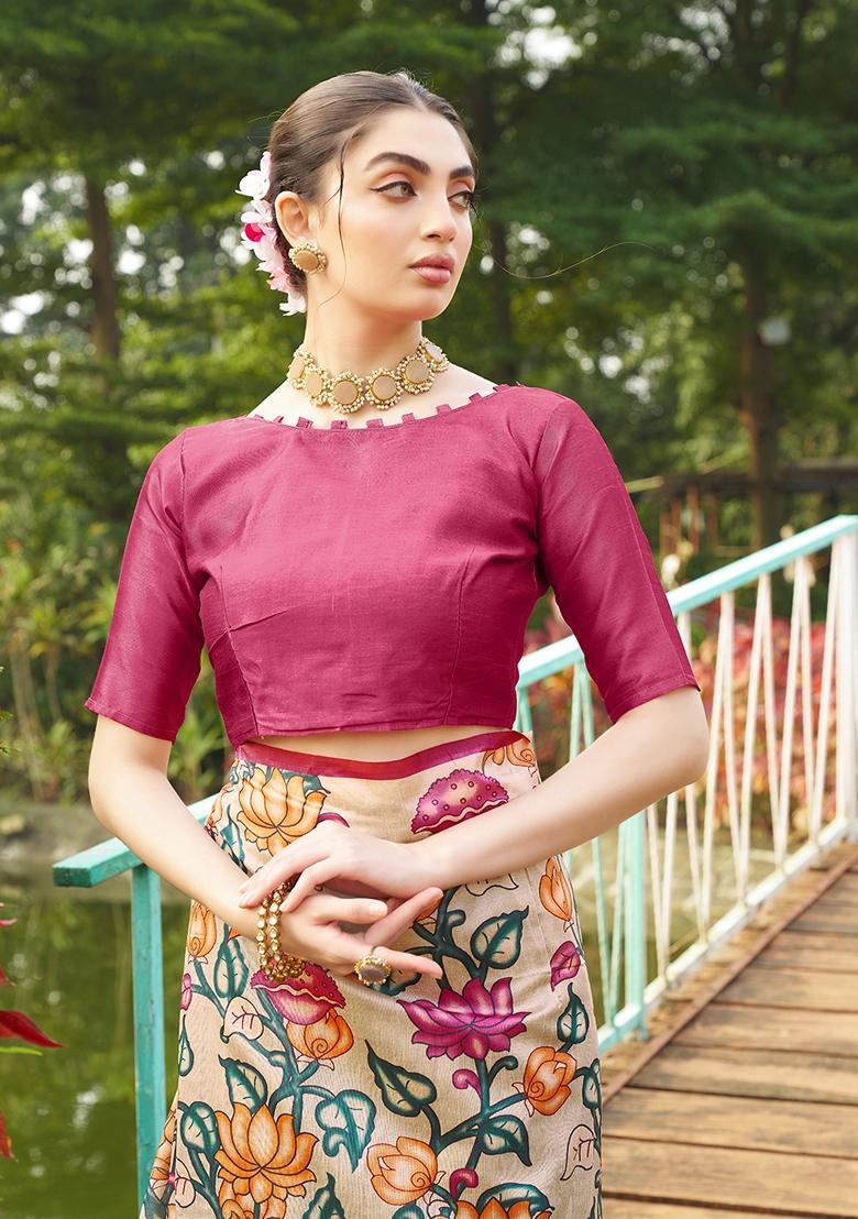 Pink Printed Silk Saree Set