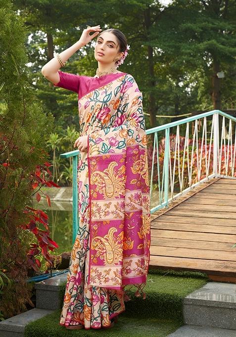 Pink Printed Silk Saree Set