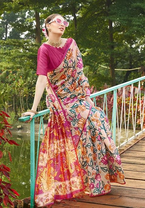 Pink Printed Silk Saree Set