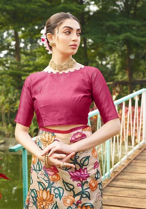 Pink Printed Silk Saree Set