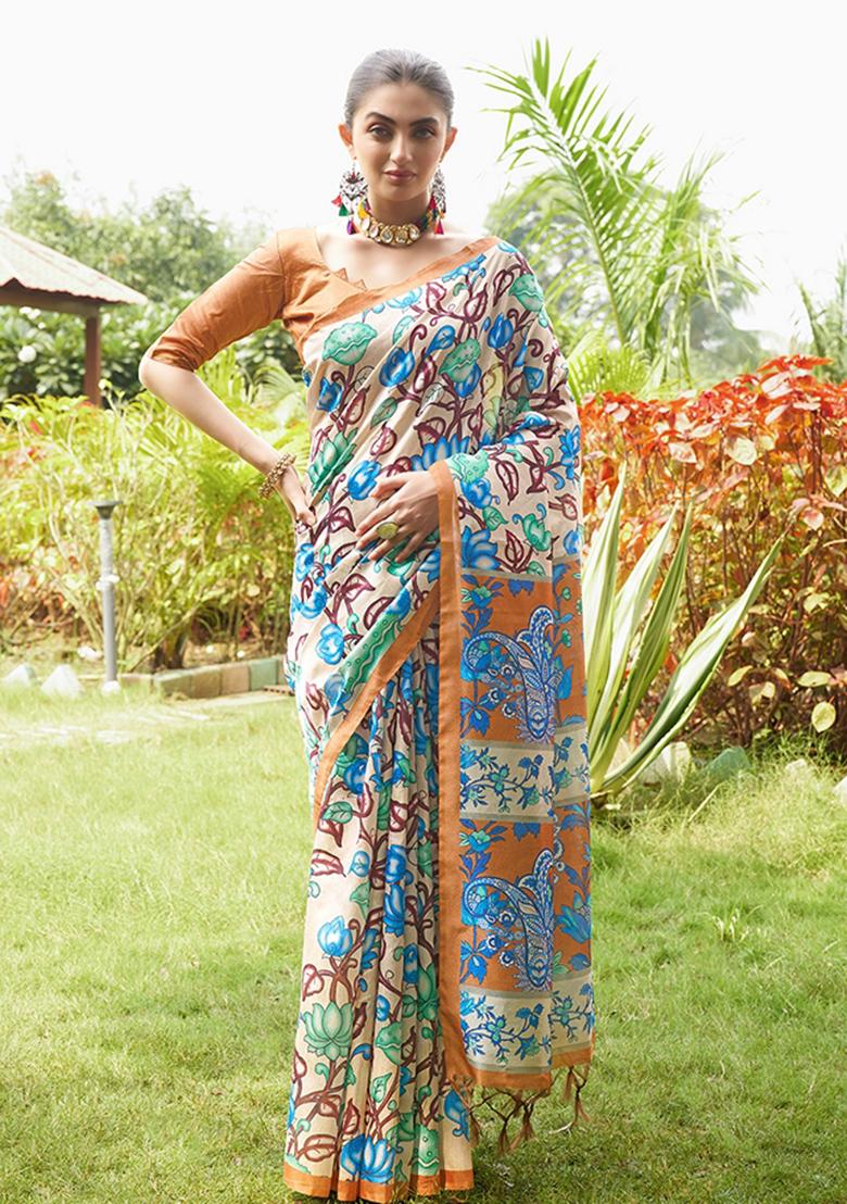 Mustard Yellow Printed Silk Saree Set