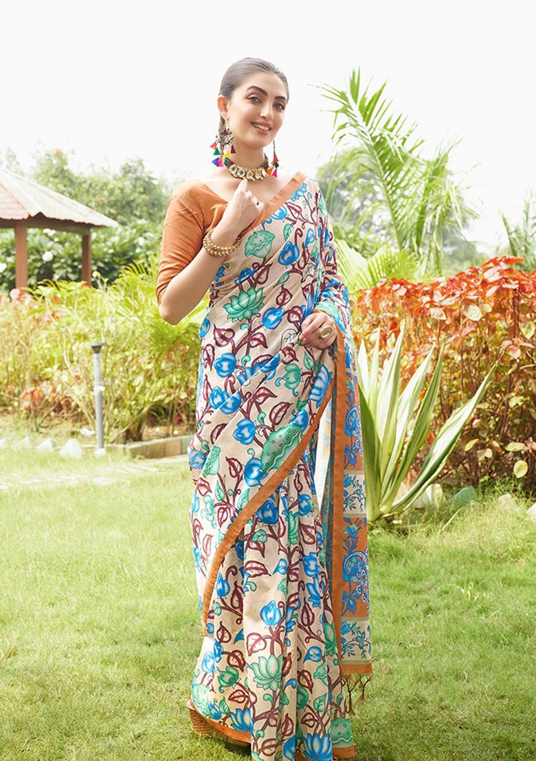 Mustard Yellow Printed Silk Saree Set