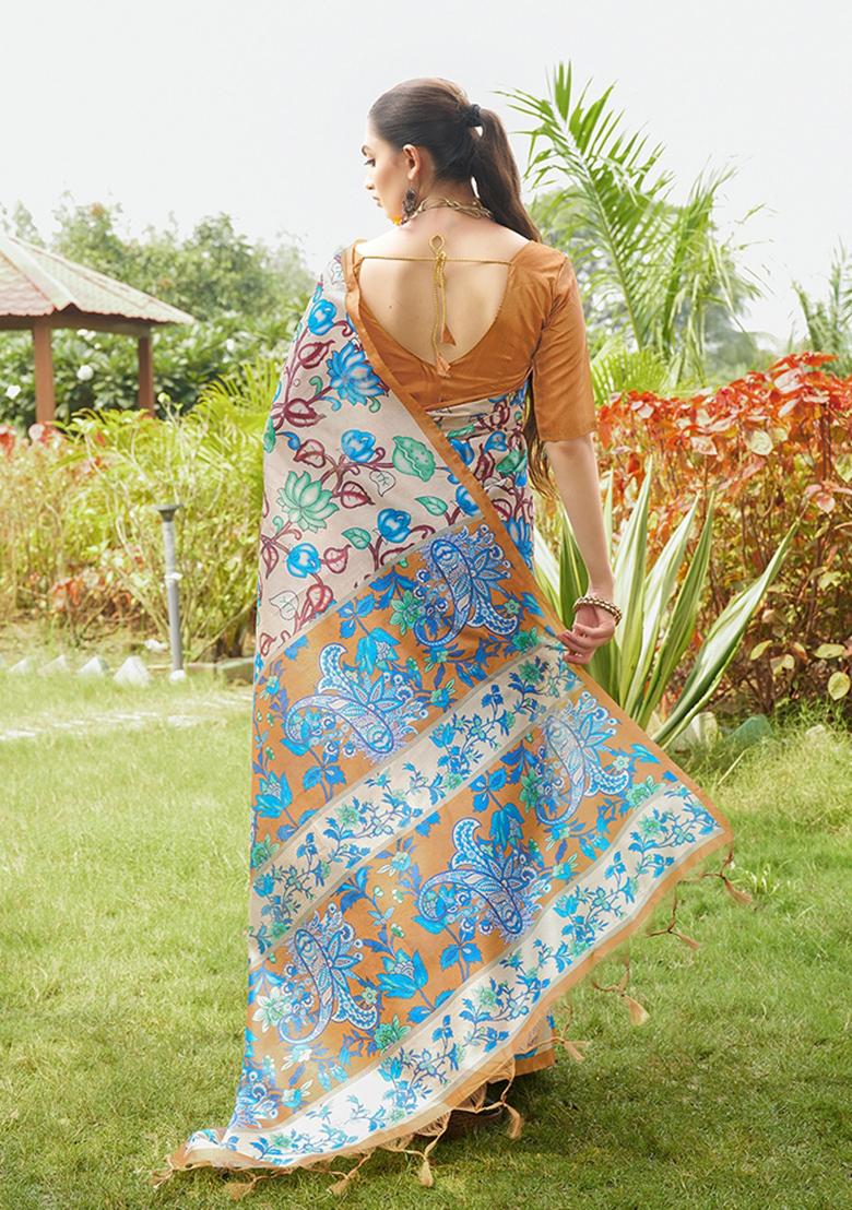 Mustard Yellow Printed Silk Saree Set