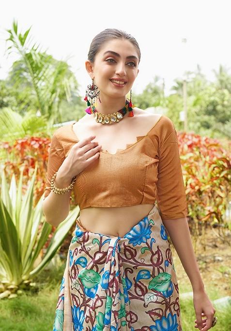 Mustard Yellow Printed Silk Saree Set