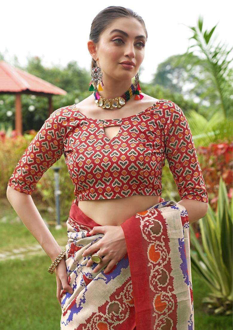 Maroon Printed Silk Saree Set