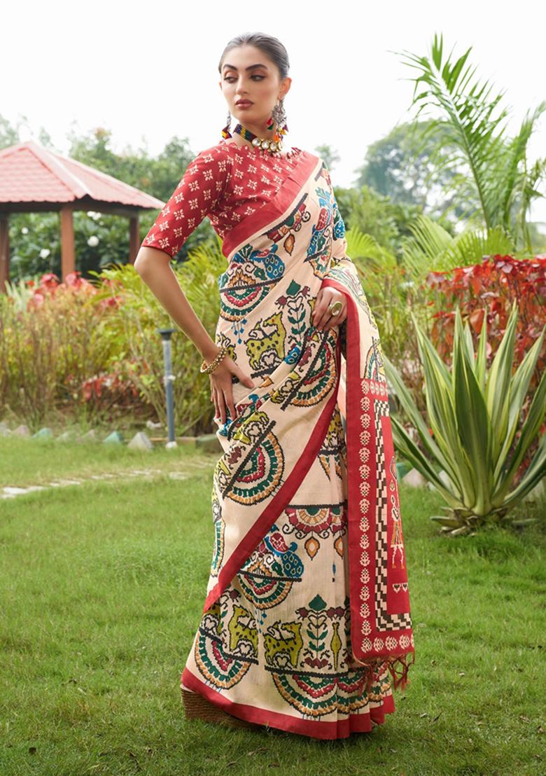 Maroon Printed Silk Saree Set