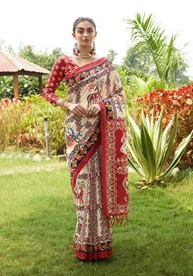 Maroon Printed Silk Saree Set