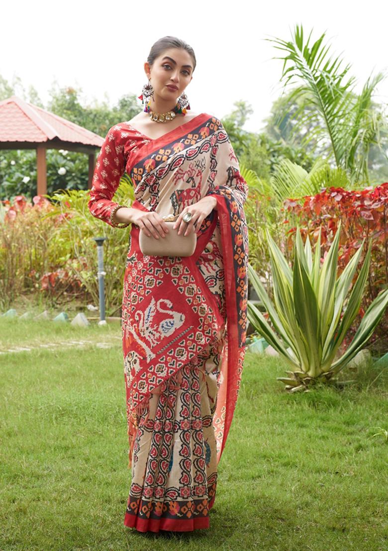 Maroon Printed Silk Saree Set