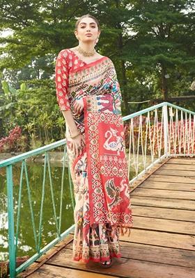 Maroon Printed Silk Saree Set