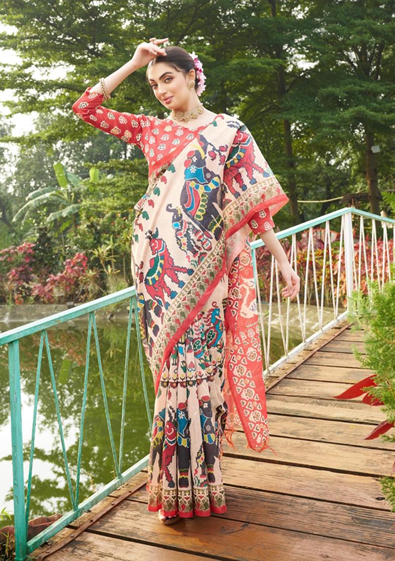 Maroon Printed Silk Saree Set