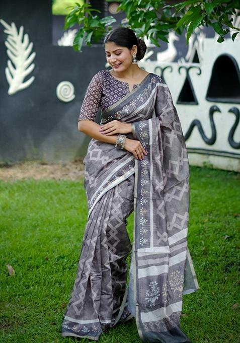 Grey Printed Cotton Saree Set