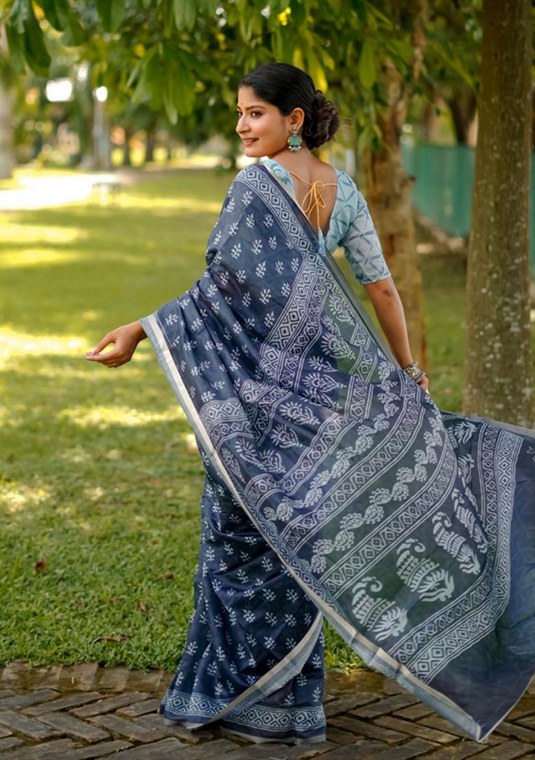 Blue Printed Cotton Saree Set